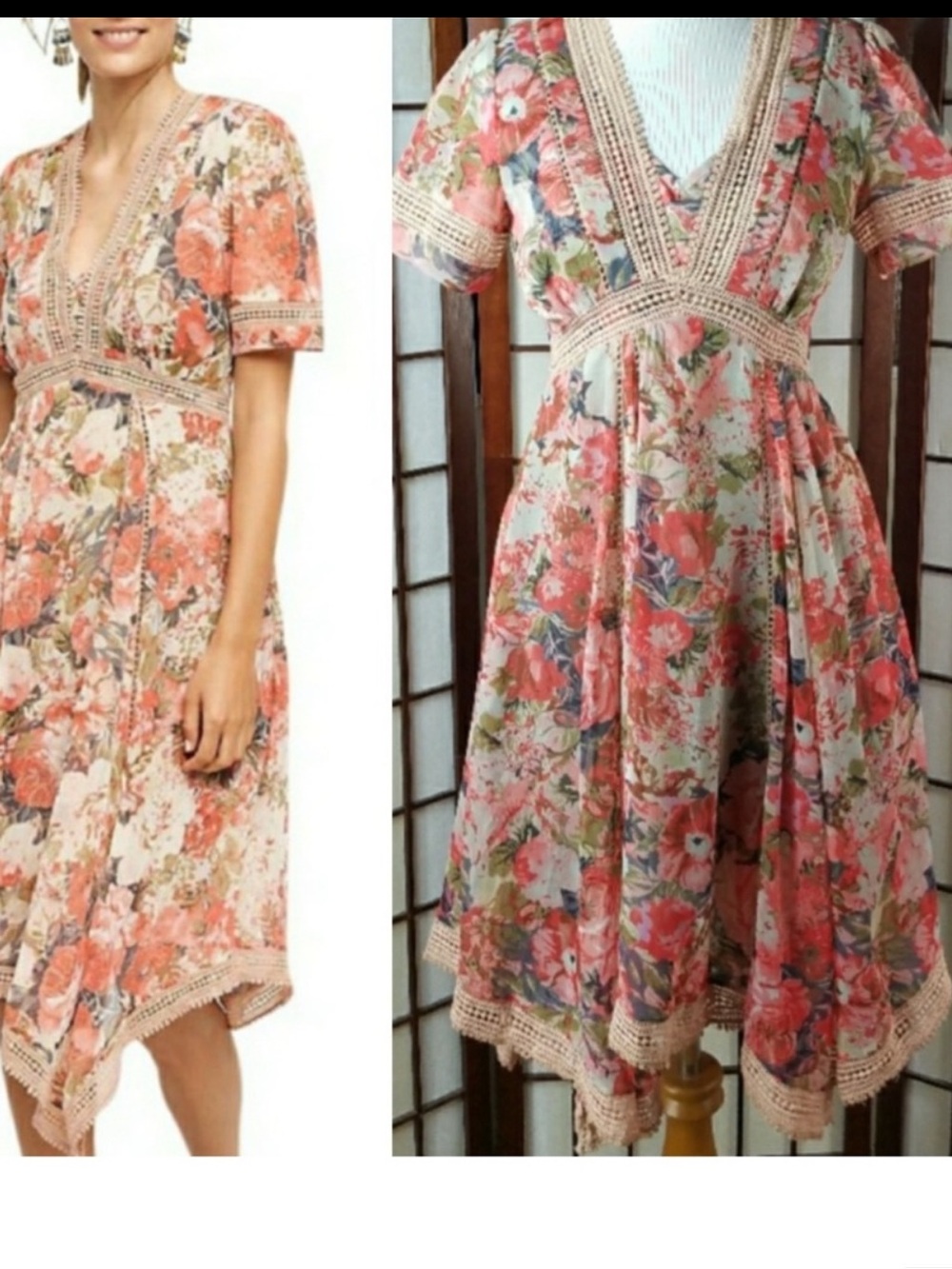 Anthropologie Ranna Gill Floral with POCKETS Asymmetrical Midi, Coral